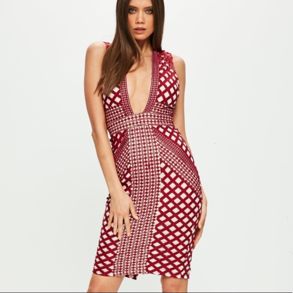 Plunging lace diamond pattern sleeveless dress